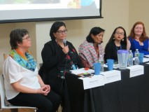 Sheila Smith, RSCJ (left) moderates JCoR's panel discussion on social protection for indigenous women and girls during the 63rd UN Commission on the Status of Women; panelists (from left to right) Hilda Anderson-Pyrz of the Missing and Murdered Indigenous Women and Girls Liaison Unit at Manitoba Keewatinowi Okimakanek Inc.; Yasso Kanti Bhattachan of the Nepalese National Indigenous Women Forum; Maria Nichole Insuasti Torres of the International Presentation Association's UN office (presenting experiences from Ecuador); and Molly Gerke of UNANIMA International (presenting experiences from Vanuatu)